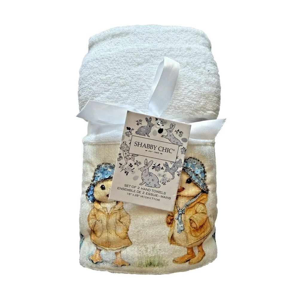 Shabby Chic Hand Towels Easter Beaded Sequin Embroidered White Ducks Set of 2